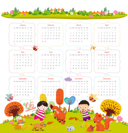 calendar for 2016 with cartoon and funny animals and kids. Hello autumnのイラスト素材