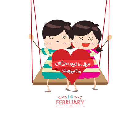 happy valentines day with couple and big heartのイラスト素材