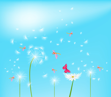 Dandelion flower field over blue skyのイラスト素材