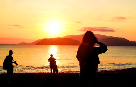 Sunrise on the beach - vintage filterの写真素材
