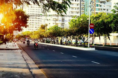 Colorful sunset or sunrise landscape with silhouettes of palm treesのeditorial素材