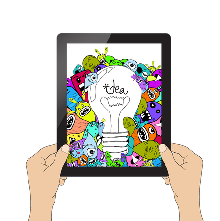 Isolation man hand holding the tablet and Monster idea.のイラスト素材