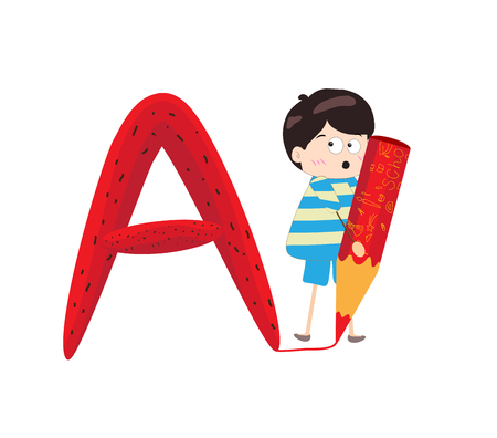 Illustration of a Kid Leaning on a Letter Aのイラスト素材