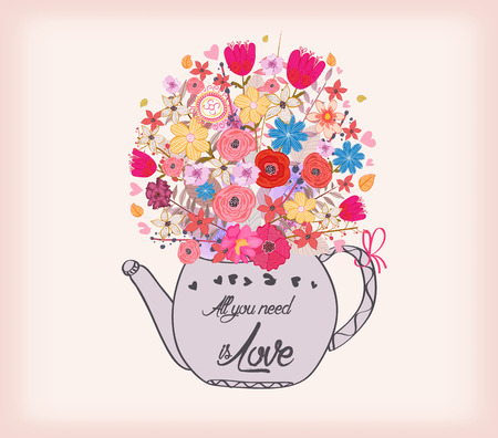 Beautiful card with watercolor flowers. Cup of tea with love.のイラスト素材