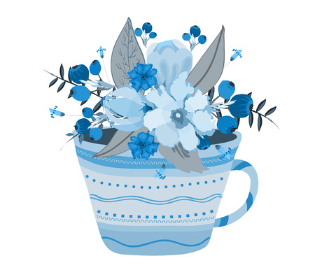 Creative Illustration with teacup full of watercolor flowersのイラスト素材