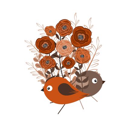 illustration of a little bird and blooming flowersのイラスト素材