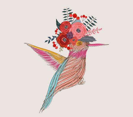 illustration of a little bird and blooming flowersのイラスト素材