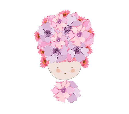 Doodle flowers beautiful girl faceのイラスト素材
