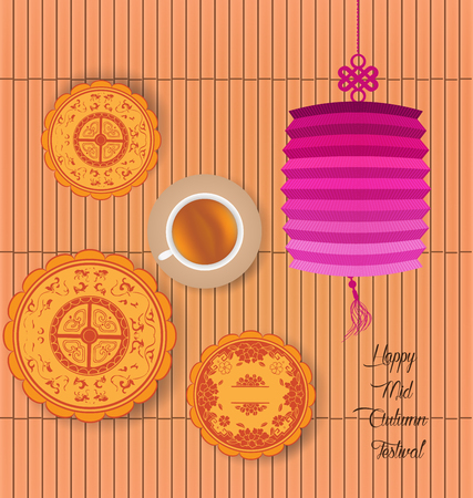Mid Autumn Lantern Festival background with moon cake and chinese tea.のイラスト素材