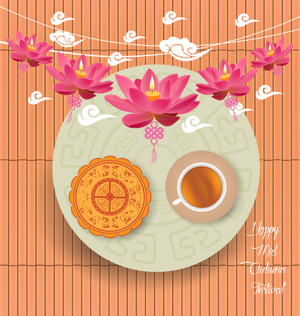 Mid Autumn Lantern Festival background with moon cake and chinese teaのイラスト素材
