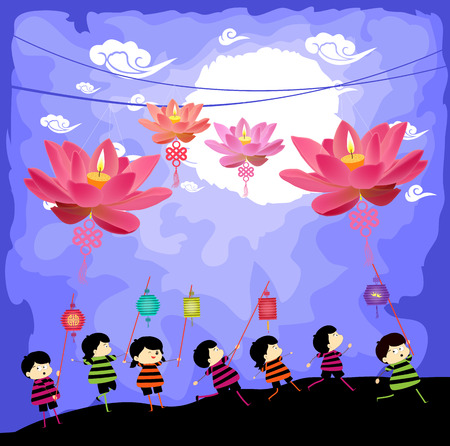 Mid Autumn Festival background with kids playing lanternsのイラスト素材