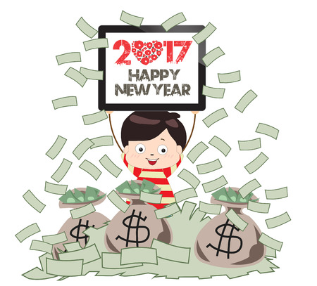 Happy new year 2017. Successful Business Man under Money Rainのイラスト素材