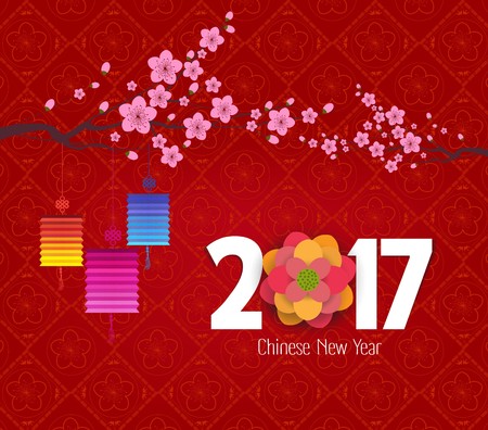 Chinese new year 2017, background with lantern and plum blossomのイラスト素材