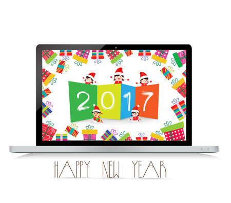Happy new year 2017 with laptop funny kids.