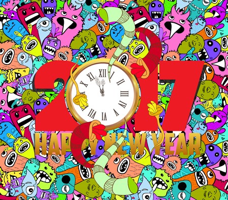 Happy new year 2017 monster doodle.