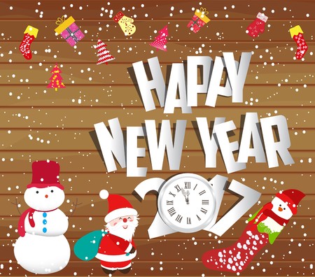 Happy new year 2017, christmas background with snowman and santa claus on wood.