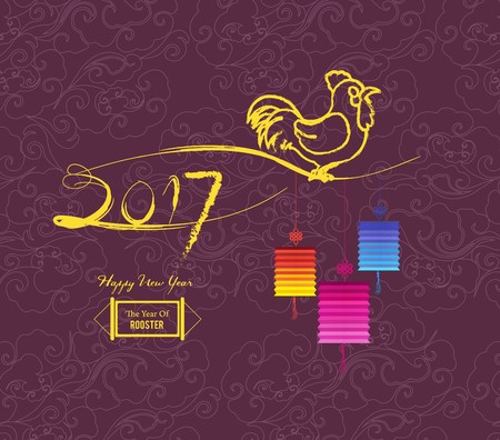 Happy New Year 2017 greeting card. Chinese New Year of the Roosterのイラスト素材