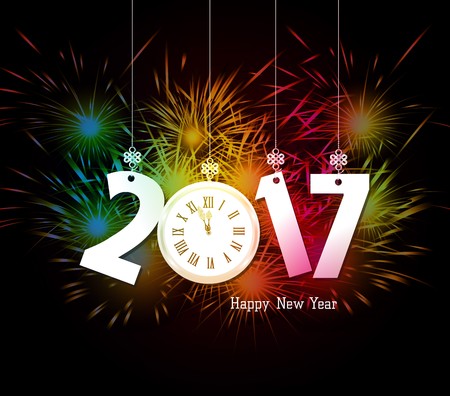Happy New Year clock and Fireworks colorful