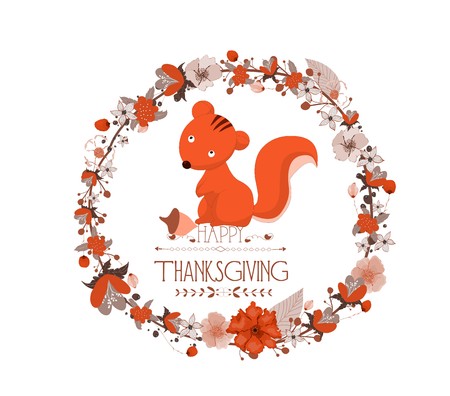 Happy Thanksgiving Day greeting card. wreath and hand drawn lettersのイラスト素材