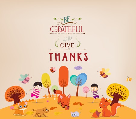 Thanksgiving Day. Kids funny with animalsのイラスト素材