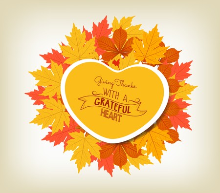 Happy Thanksgiving sticker, heart shape label beautiful maple leavesのイラスト素材