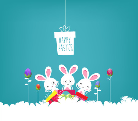 Easter poster. Hanging eggs on blue background with bunny and handwritten textのイラスト素材