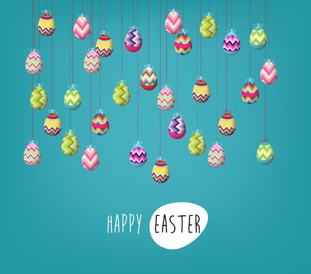Easter poster. Hanging eggs on blue background with handwritten textのイラスト素材