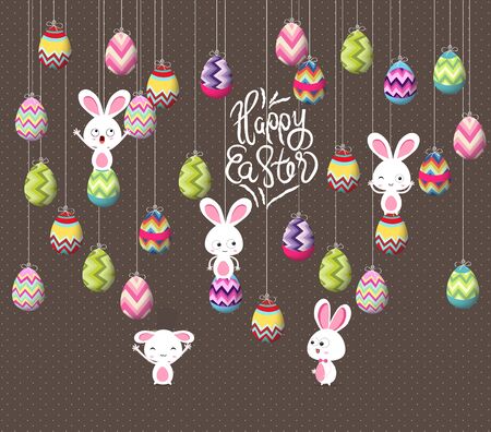 easter eggs and bunny funny hanging on the wireのイラスト素材