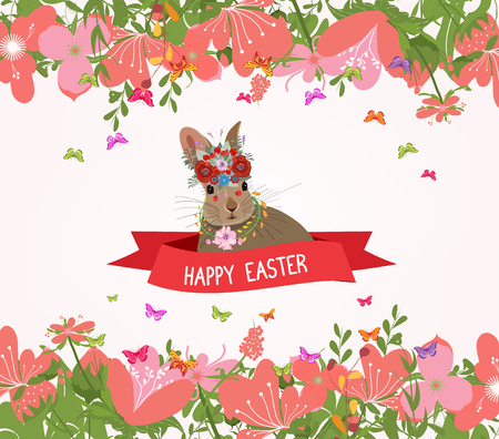 Happy easter rabbit and flower frameのイラスト素材