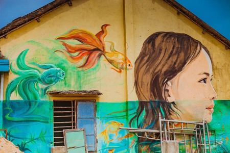TAM THANH, TAM KY, VIETNAM - MARCH 16, 2017: Painted wall, Street arts in Tam Thanh mural Villageのeditorial素材