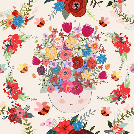 Girl face floral background pattern, flower, seamlessのイラスト素材