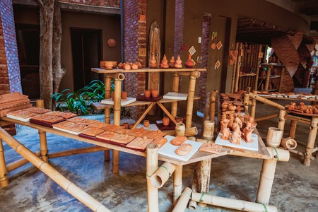 HOI AN, VIETNAM - MARCH 19, 2017: Pottery stuffs are sun-dried in Thanh Ha Pottery Village. The village was formed at the end of the 15th century, by the Thu Bon river, Quang Nam province, Vietnam.のeditorial素材