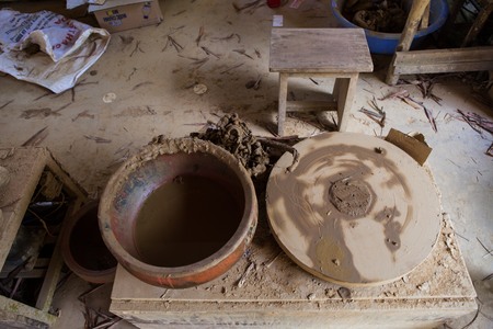 HOI AN, VIETNAM - MARCH 19, 2017: Pottery stuffs are sun-dried in Thanh Ha Pottery Village. The village was formed at the end of the 15th century, by the Thu Bon river, Quang Nam province, Vietnam.のeditorial素材