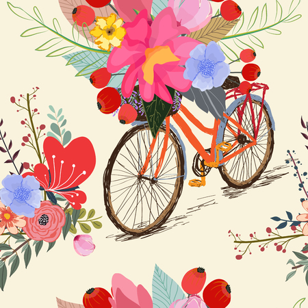 Seamless pattern with bike and flowers spring timeのイラスト素材