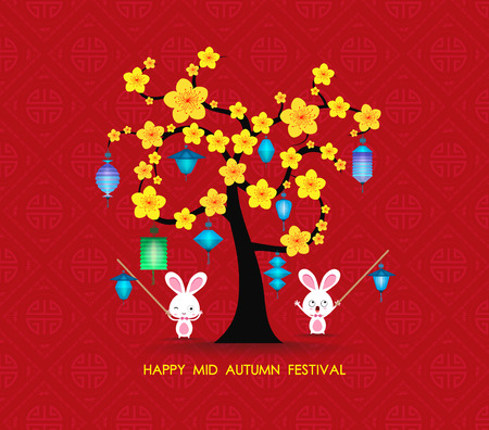 Mid autumn festival rabbit playing with lanterns. Happy greeting cardのイラスト素材