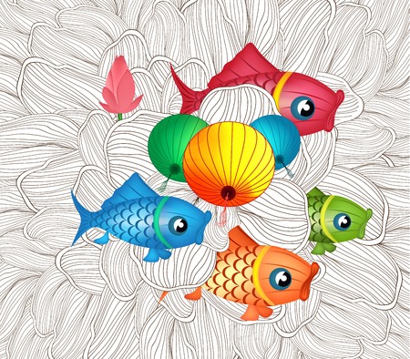 Chinese carp lantern festival doodle graphic designのイラスト素材