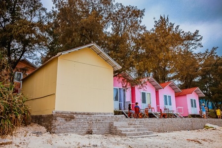 Co To, VIETNAM - APRIL 30, 2017: bungalows color on the background of the sea in Co To Island (Quang Ninh Province, Vietnam)のeditorial素材