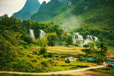 Ban Gioc waterfall in Cao Bang, Viet Nam - The waterfalls are located in an area of mature karst formations were the original limestone bedrock layers are being erodedの写真素材