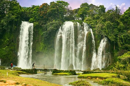 Ban Gioc waterfall in Cao Bang, Viet Nam - The waterfalls are located in an area of mature karst formations were the original limestone bedrock layers are being erodedの写真素材
