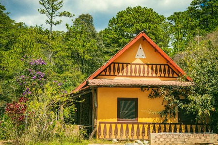 DALAT, VIETNAM - February 17, 2017: Cu Lan village at Dalat countryside, hotel and holiday resort among pine jungle, camp on grass field, an eco tourism in nature reserseのeditorial素材