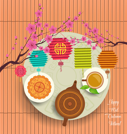 Chinese moon cake and green tea for Mid autumn festival. Tea pot, tea cupのイラスト素材
