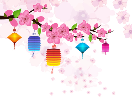 Chinese New Year card with plum blossom and lanternのイラスト素材