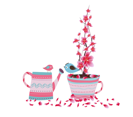 Sakura flowers spring with bird. Cherry blossom isolated white background. Chinese new yearのイラスト素材