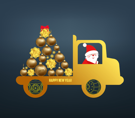 Luxury Elegant Merry Christmas and happy new year poster. Santa Claus carrying a gift on the car and gold christmas ballsのイラスト素材