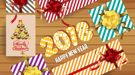 Luxury elegant Merry Christmas and happy new year poster. Confetti and christmas gold ballsのイラスト素材