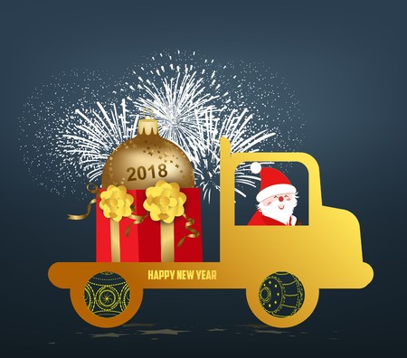 Luxury Elegant Merry Christmas and happy new year poster. Santa Claus carrying a gift on the car and gold christmas ballsのイラスト素材