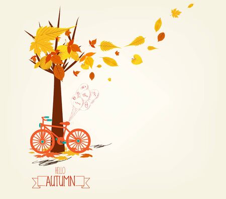 Hello autumn. Hand drawn tintage bicycle with autumn leavesのイラスト素材