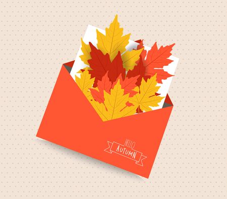 Hello autumn card with leaves in envelopeのイラスト素材