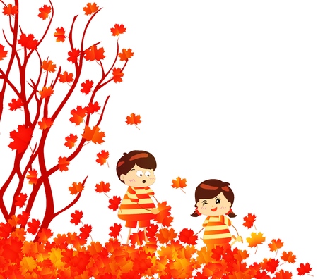 Autumn design of kids in forest with leaves falling.のイラスト素材