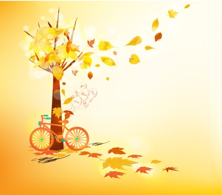 Hello autumn. Hand drawn tintage bicycle with autumn leavesのイラスト素材